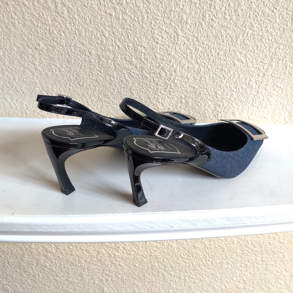 Roger Vivier Blue Denim/Black Leather Slingback New - Picture 10 of 11